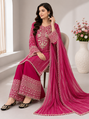 Pink Color Embroidery And Sequence Work Silk Blend Salwar Suit 1