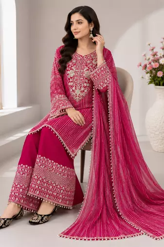Pink Color Embroidery And Sequence Work Silk Blend Salwar Suit