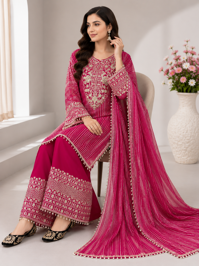Pink Color Embroidery And Sequence Work Silk Blend Salwar Suit