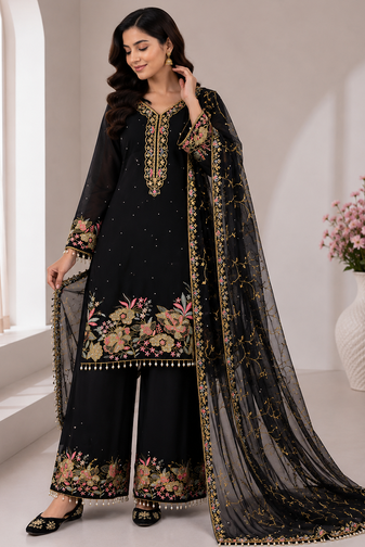 Black Color Embroidery And Sequence Work Georgette Salwar Suit