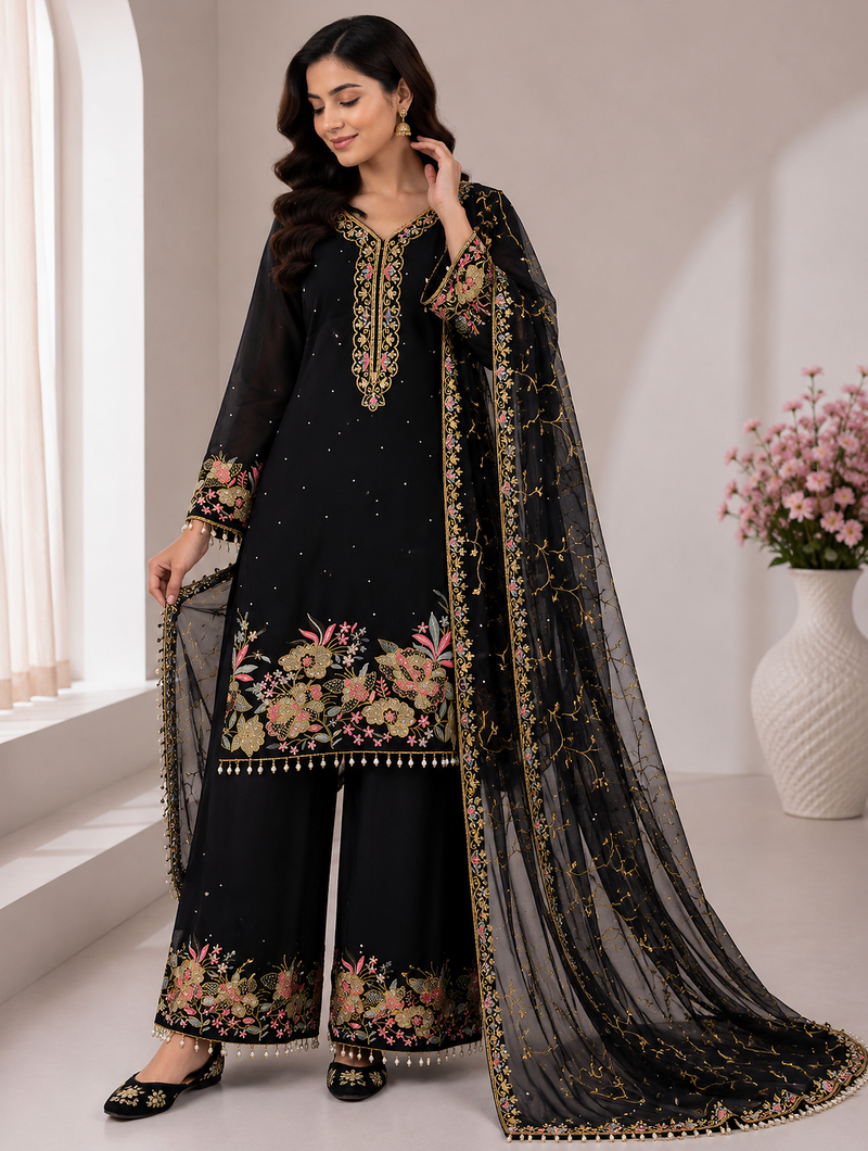 Black Color Embroidery And Sequence Work Georgette Salwar Suit
