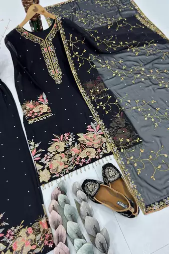 Black Color Embroidery And Sequence Work Georgette Salwar Suit