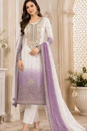 Light purple color shaded embroideried crunchy silk semi stitched salwar suit