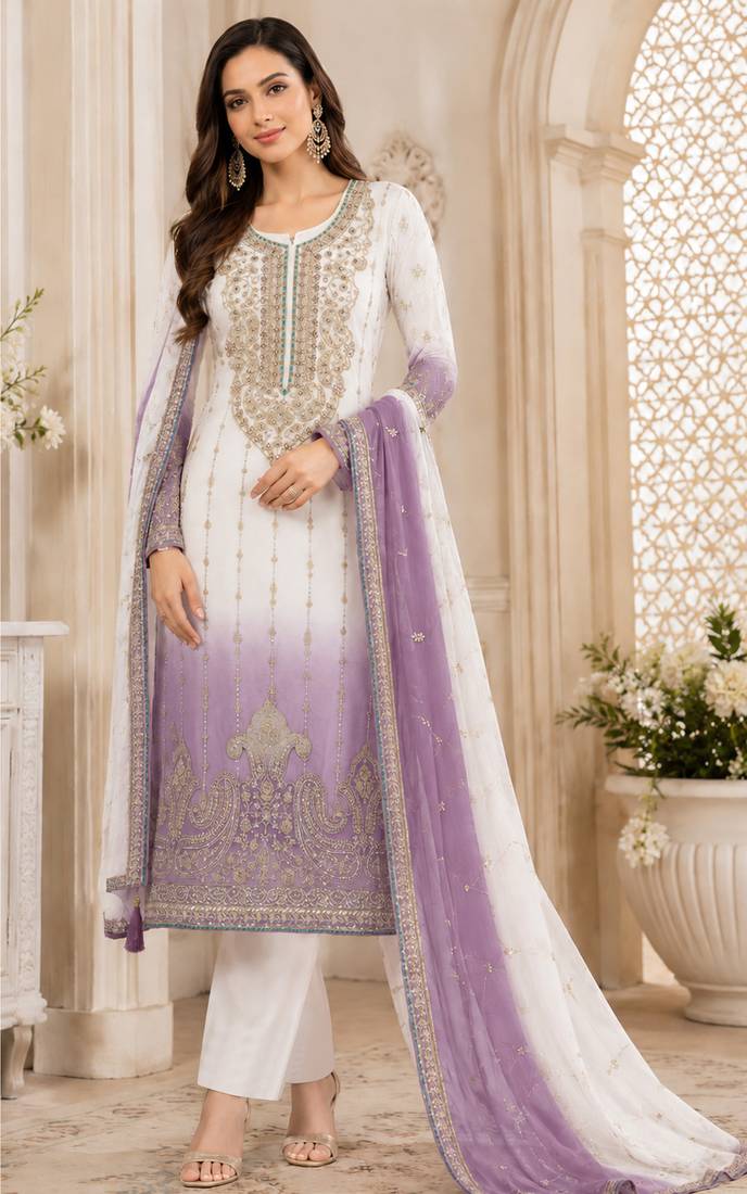 Light purple color shaded embroideried crunchy silk semi stitched salwar suit