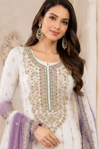Light purple color shaded embroideried crunchy silk semi stitched salwar suit
