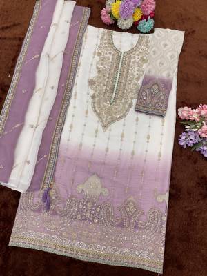Light purple color shaded embroideried crunchy silk semi stitched salwar suit 3