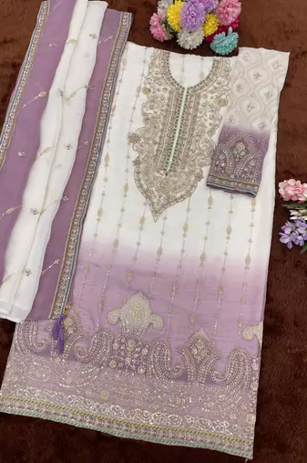 Light purple color shaded embroideried crunchy silk semi stitched salwar suit