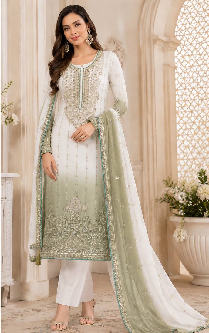Light mehendi color shaded embroideried crunchy silk semi stitched salwar suit