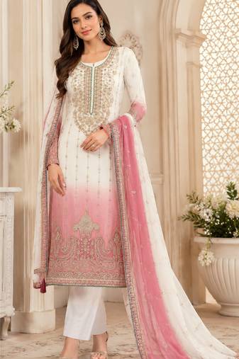 Peach color shaded embroideried crunchy silk semi stitched salwar suit