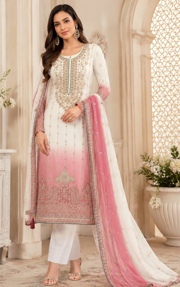 Peach color shaded embroideried crunchy silk semi stitched salwar suit
