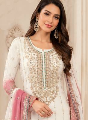 Peach color shaded embroideried crunchy silk semi stitched salwar suit 2