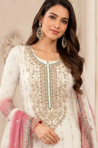 Peach color shaded embroideried crunchy silk semi stitched salwar suit