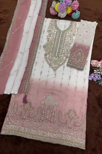 Peach color shaded embroideried crunchy silk semi stitched salwar suit