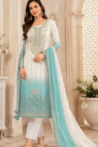 Sky color shaded embroideried crunchy silk semi stitched salwar suit