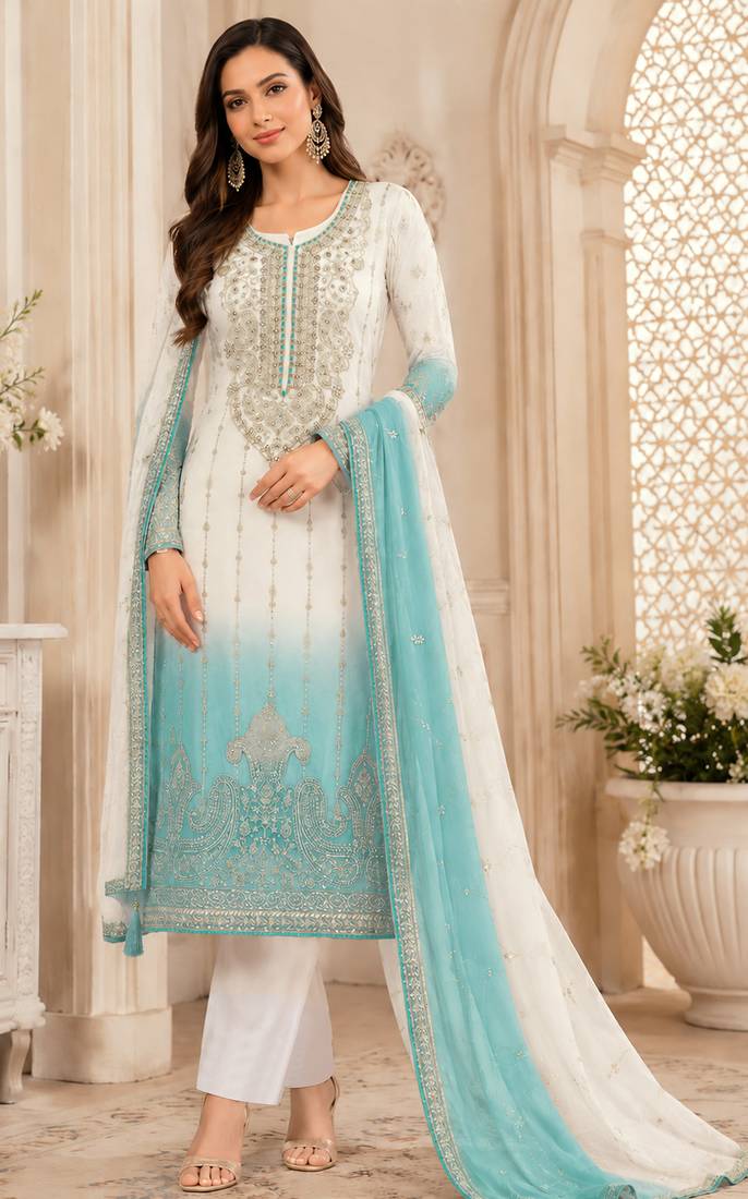 Sky color shaded embroideried crunchy silk semi stitched salwar suit
