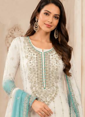 Sky color shaded embroideried crunchy silk semi stitched salwar suit 2