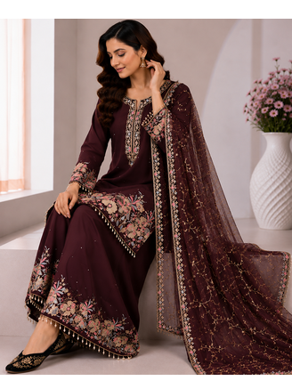 Brown Color Embroidery And Sequence Work Georgette Salwar Suit 1