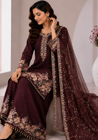 Brown Color Embroidery And Sequence Work Georgette Salwar Suit
