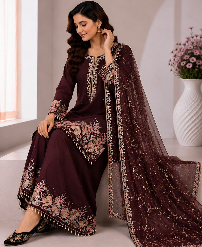 Brown Color Embroidery And Sequence Work Georgette Salwar Suit