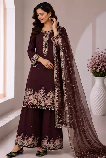 Brown Color Embroidery And Sequence Work Georgette Salwar Suit