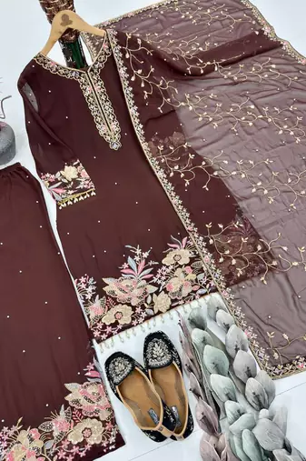 Brown Color Embroidery And Sequence Work Georgette Salwar Suit