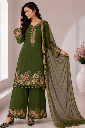 Mehndi Green Color Embroidery And Sequence Work Georgette Salwar Suit