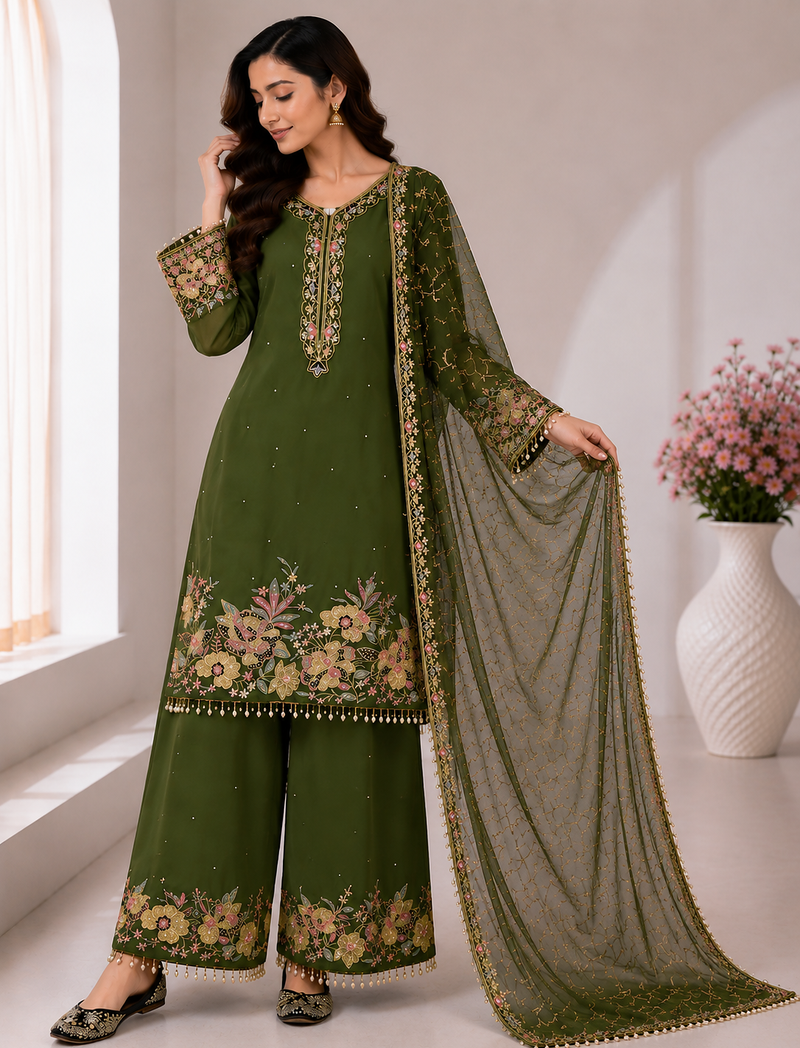 Mehndi Green Color Embroidery And Sequence Work Georgette Salwar Suit