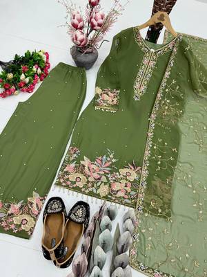 Mehndi Green Color Embroidery And Sequence Work Georgette Salwar Suit 4