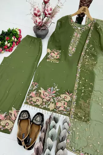 Mehndi Green Color Embroidery And Sequence Work Georgette Salwar Suit