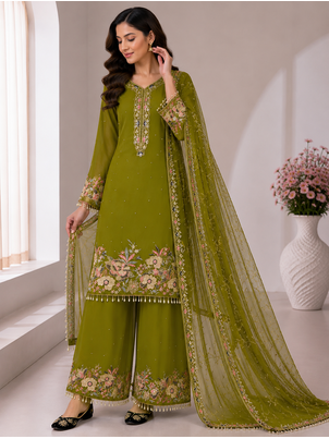 Olive Color Embroidery And Sequence Work Georgette Salwar Suit 1