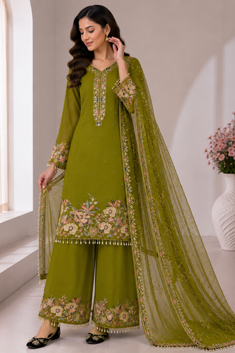 Olive Color Embroidery And Sequence Work Georgette Salwar Suit