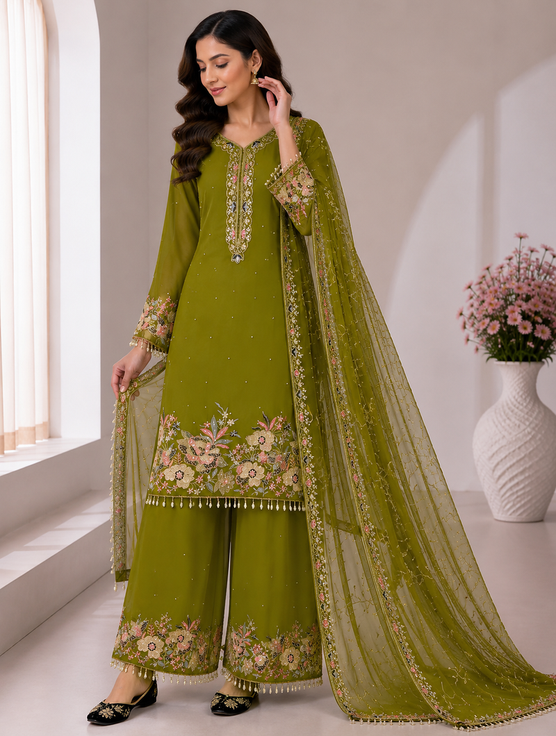 Olive Color Embroidery And Sequence Work Georgette Salwar Suit