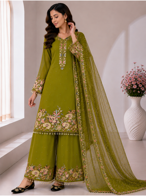 Olive Color Embroidery And Sequence Work Georgette Salwar Suit 2