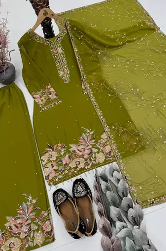 Olive Color Embroidery And Sequence Work Georgette Salwar Suit