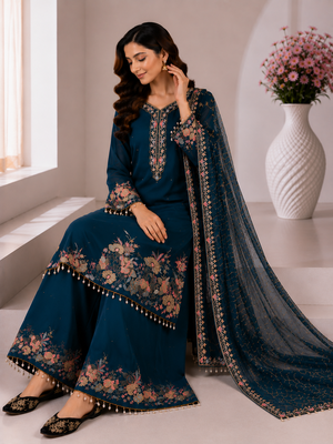 Peacock Blue Embroidery And Sequence Work Georgette Salwar Suit 1