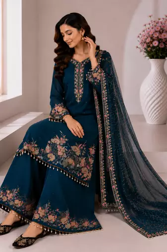 Peacock Blue Embroidery And Sequence Work Georgette Salwar Suit