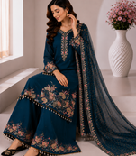 Peacock Blue Embroidery And Sequence Work Georgette Salwar Suit