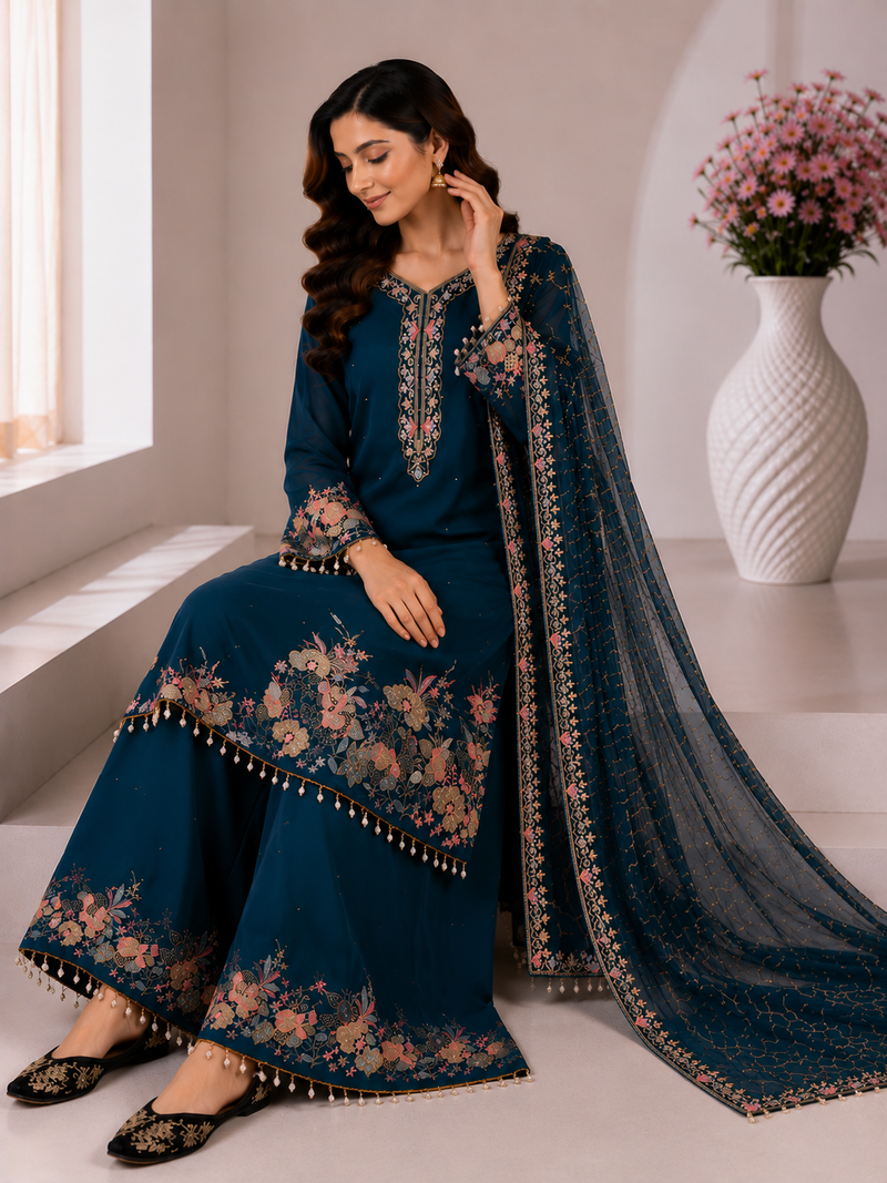 Peacock Blue Embroidery And Sequence Work Georgette Salwar Suit