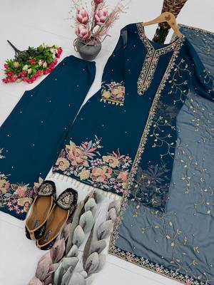 Peacock Blue Embroidery And Sequence Work Georgette Salwar Suit 3