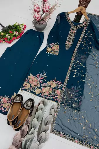 Peacock Blue Embroidery And Sequence Work Georgette Salwar Suit