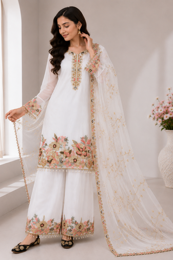 White Embroidery And Sequence Work Georgette Salwar Suit