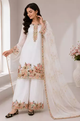 White Embroidery And Sequence Work Georgette Salwar Suit