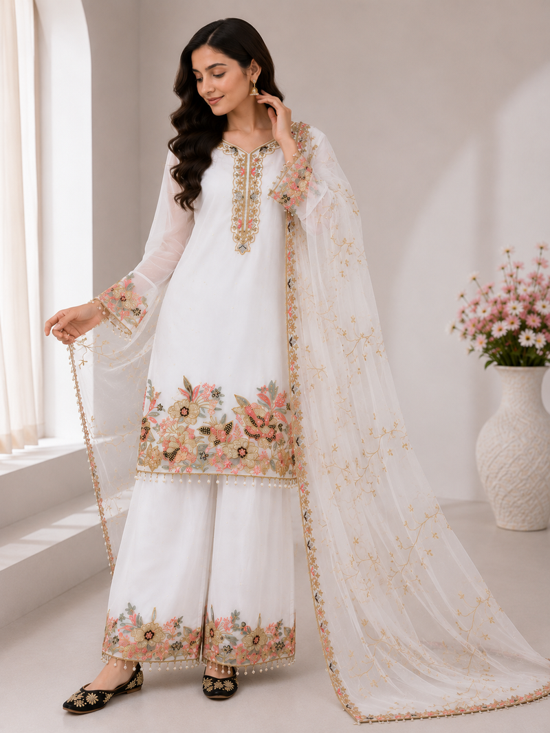 White Embroidery And Sequence Work Georgette Salwar Suit