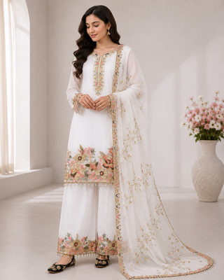 White Embroidery And Sequence Work Georgette Salwar Suit 3