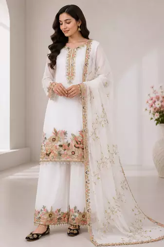 White Embroidery And Sequence Work Georgette Salwar Suit