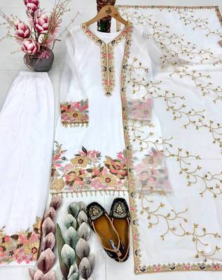 White Embroidery And Sequence Work Georgette Salwar Suit 4
