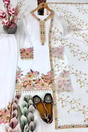 White Embroidery And Sequence Work Georgette Salwar Suit