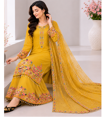 Yellow Embroidery And Sequence Work Georgette Salwar Suit 1