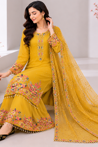Yellow Embroidery And Sequence Work Georgette Salwar Suit