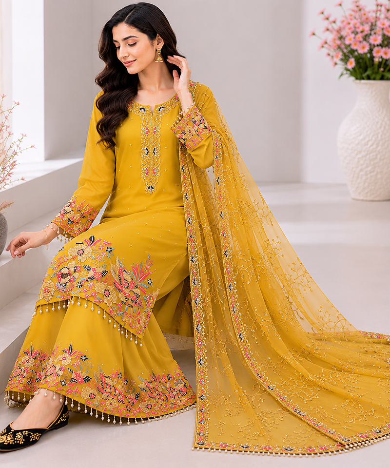 Yellow Embroidery And Sequence Work Georgette Salwar Suit